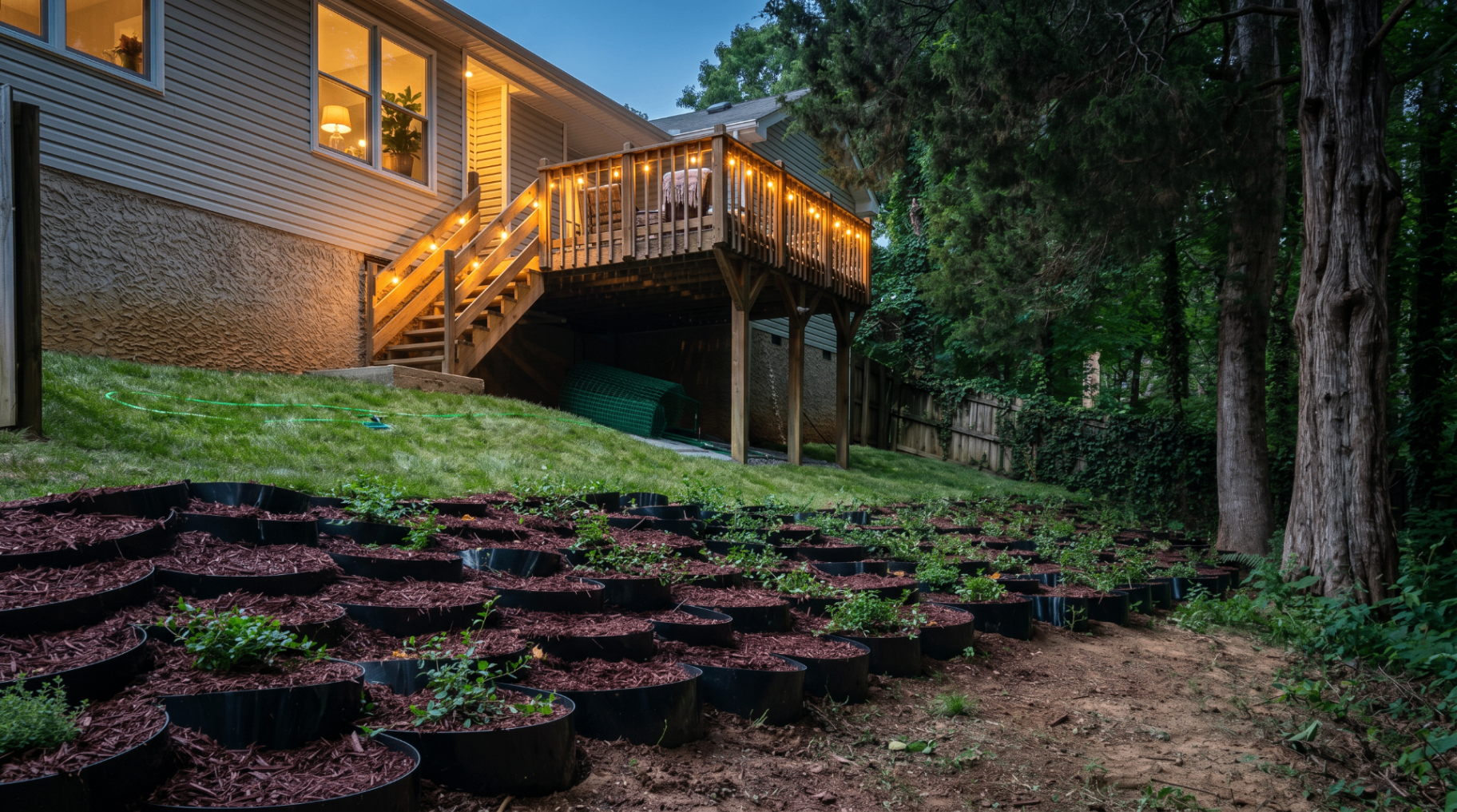 DirtLocker erosion control system installed on a sloped backyard with mulch and winter creepers